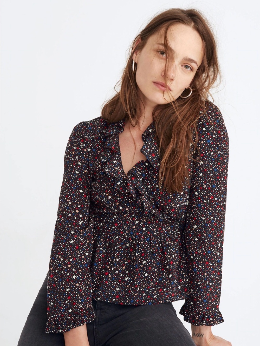 Madewell 100% Silk Ruffle Wrap Top Starry Night EUC Sz S Celestial 4th of July